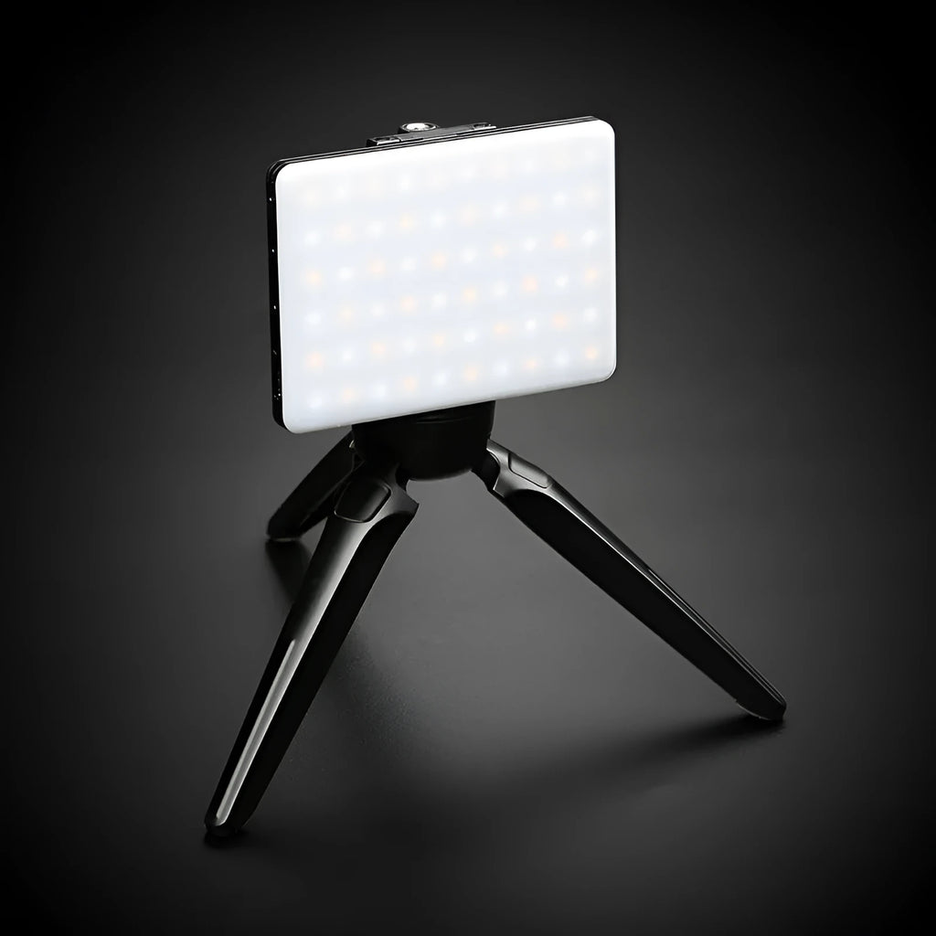 White portable LED fill light with phone mounting clip for video calls and selfies
