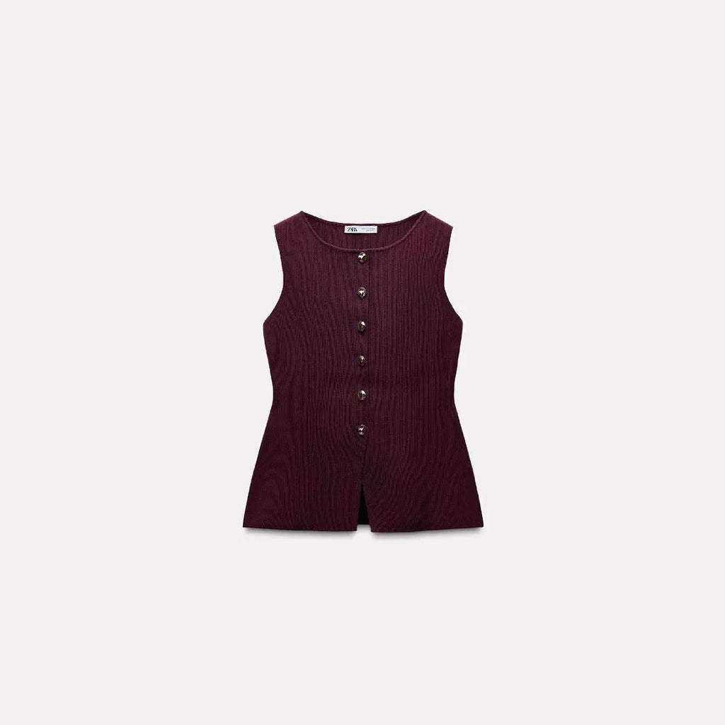 Dark red slim fit sweater vest with gold buttons and 3D pattern detail