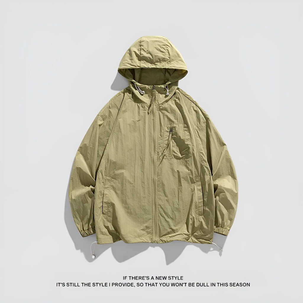 Unisex lightweight hooded jacket in Lycra spandex for sun protection, shown in caramel colour.