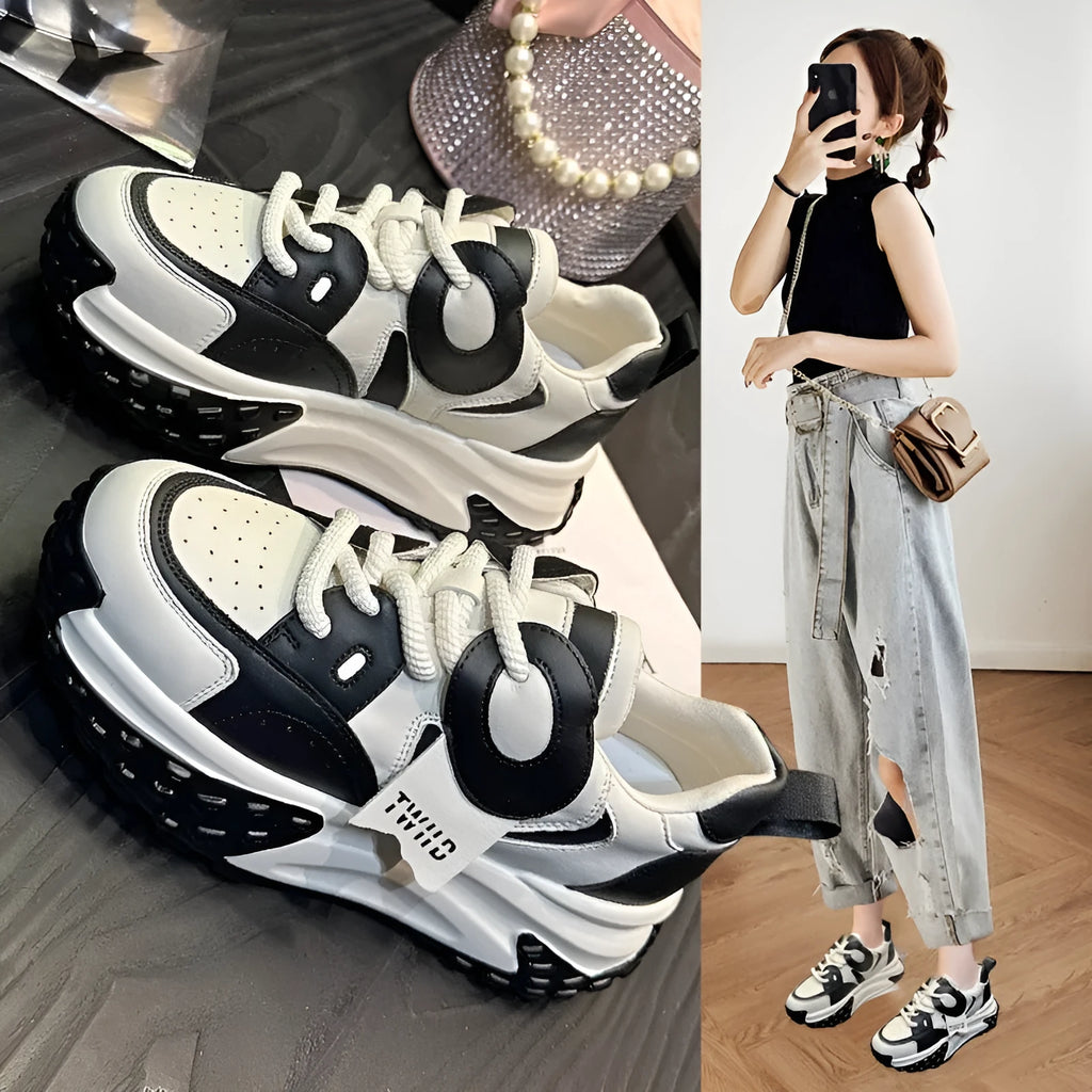 Leather sports casual shoes with thick wedge soles and front lace-up fastening in four colour options