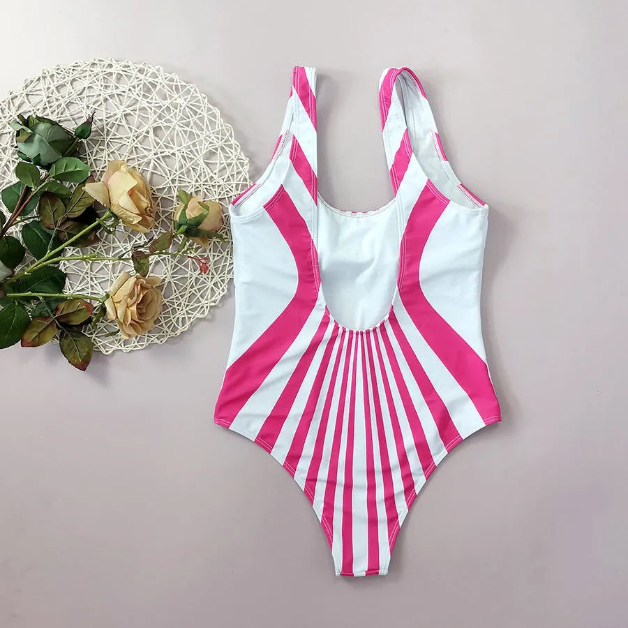 Pink striped one-piece swimsuit for women with front and back digital printing.