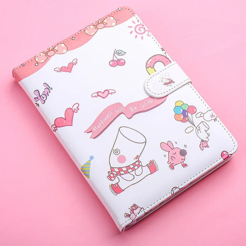 Small white Kaba Bear Hippo notebook with magnetic buckle, showing PU leather cover and compact 135mm x 185mm size.