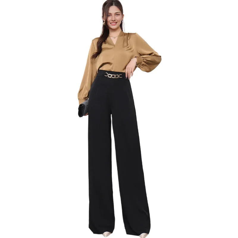 Solid colour draped wide leg pants for women, straight-leg polyester trousers with elastic waist, eight colour options