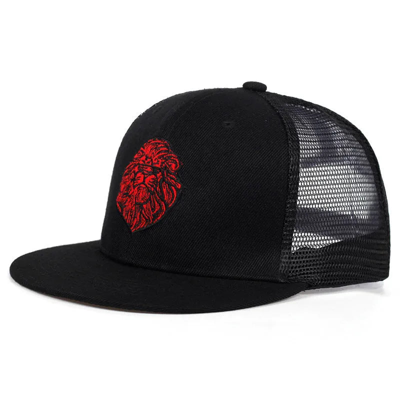 Adjustable cotton baseball cap with lion face embroidery in black, front view