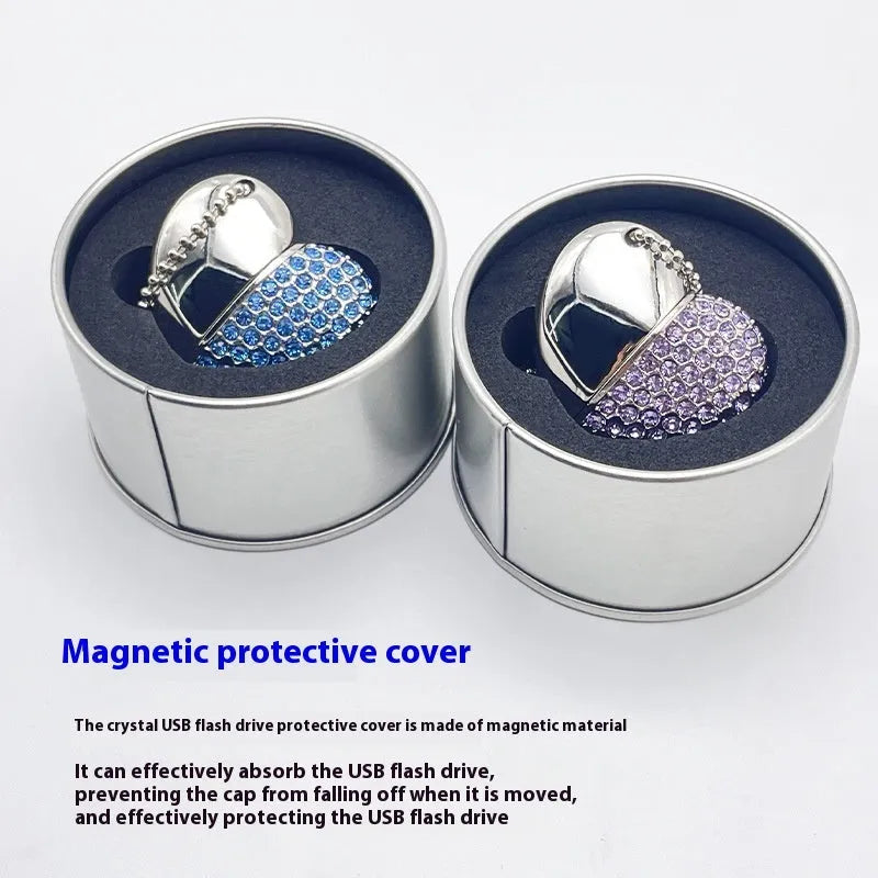 Heart-shaped USB flash drive with brick-inlaid pattern on metal shell, shown in blue colour.