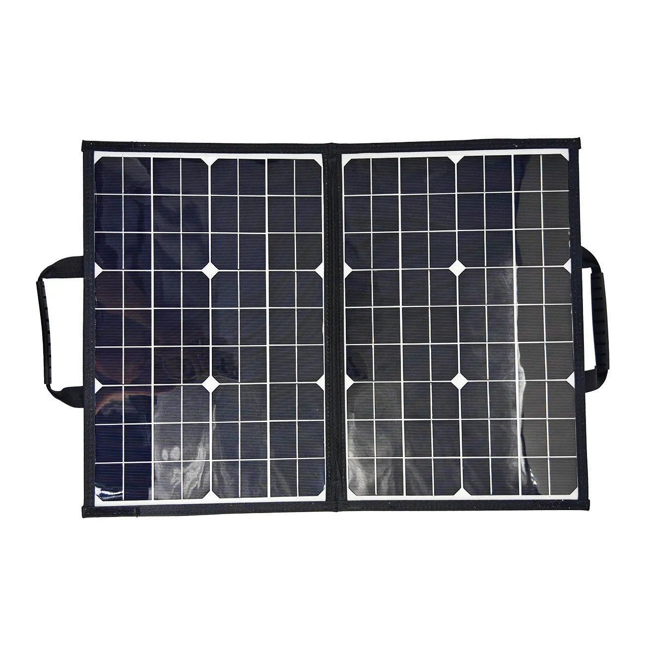 Black 40W single crystal solar panel folded inside its portable carrying bag.