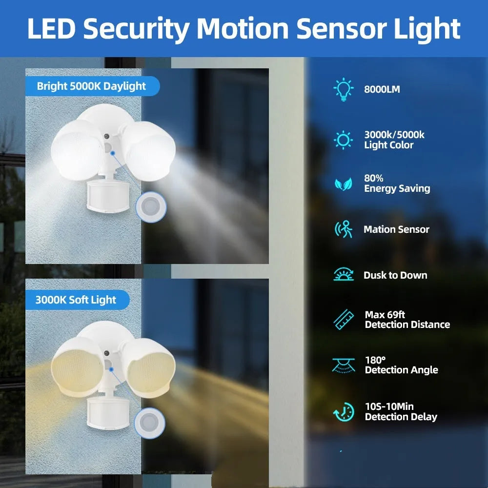 White or black LED security flood light with motion sensor for outdoor courtyard or garage use