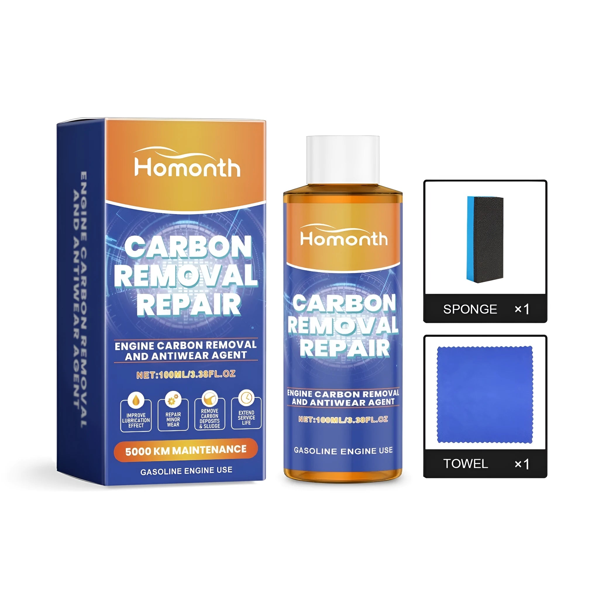 HOMONTH 100ml engine decarbonization anti-wear additive bottle with sponge and towel on workshop bench