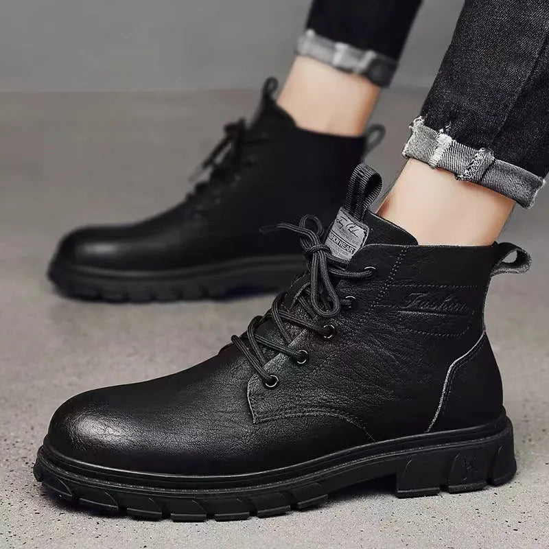 Men's black PU leather high-top Martin boots with stitching, square heel, and front lacing