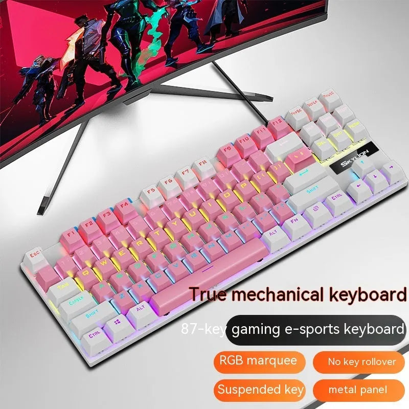 K87 mechanical wired keyboard with green or red axis switches, metal construction, and 1.4 metre cable in various colour options