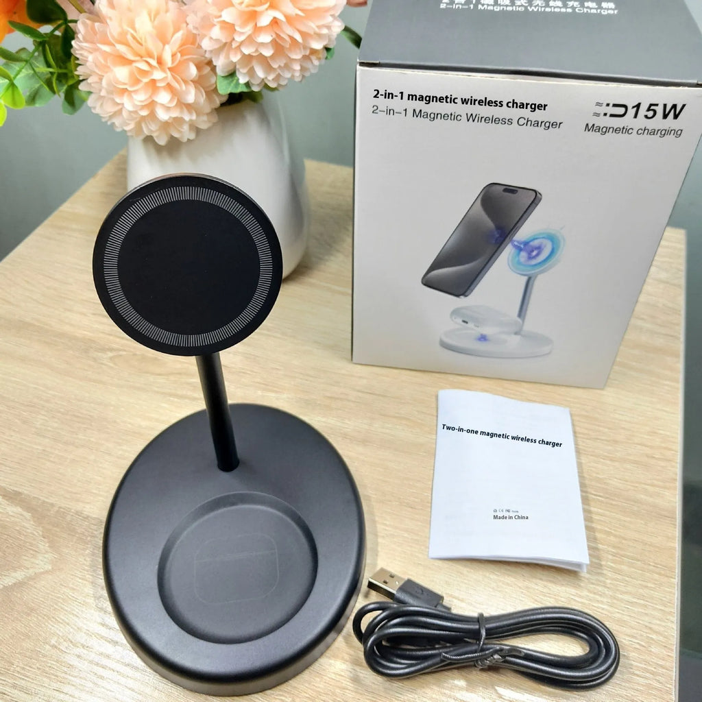 White vertical wireless charging stand holding a smartphone, showing the cooling vent hole on the side.