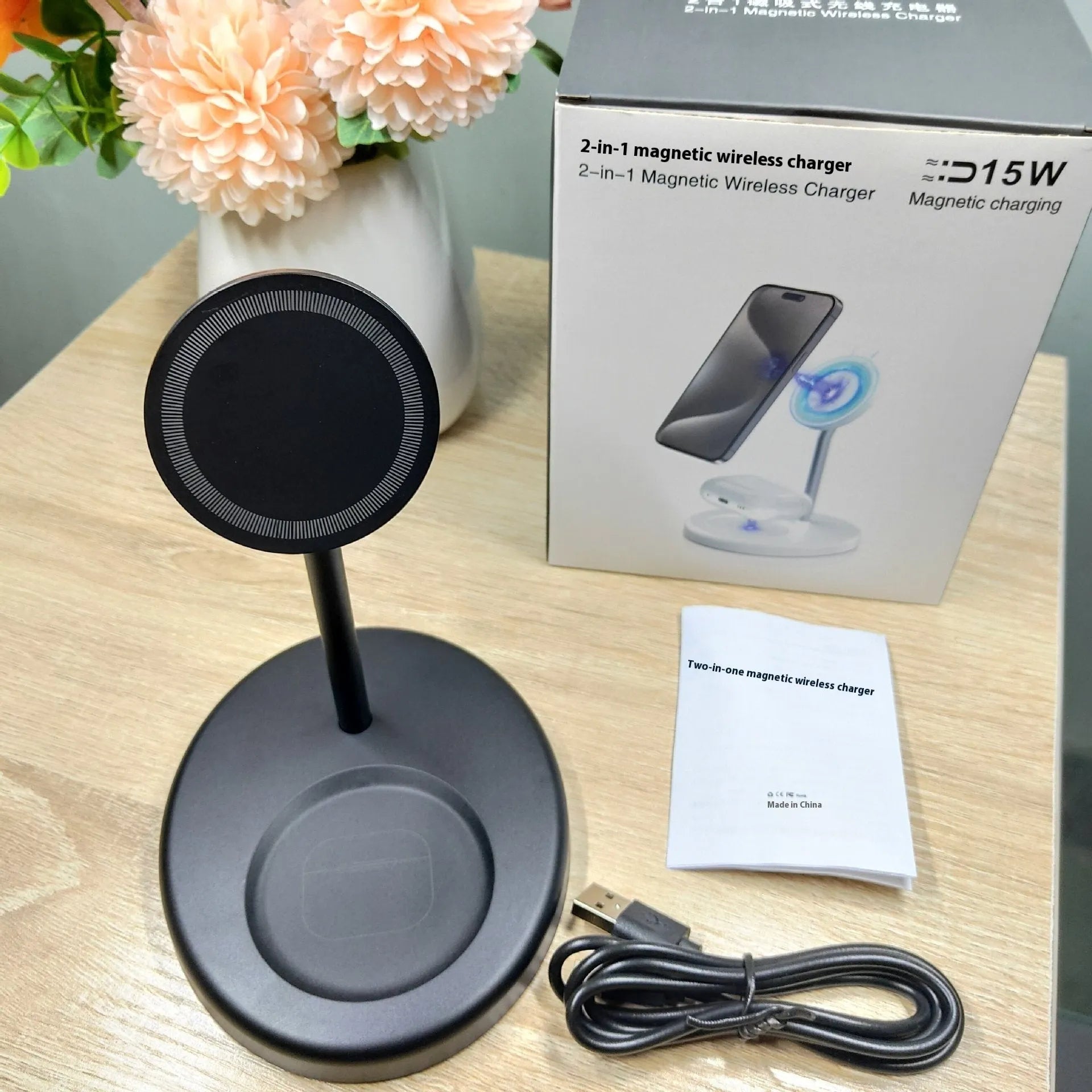 White vertical wireless charging stand holding a smartphone, showing the cooling vent hole on the side.