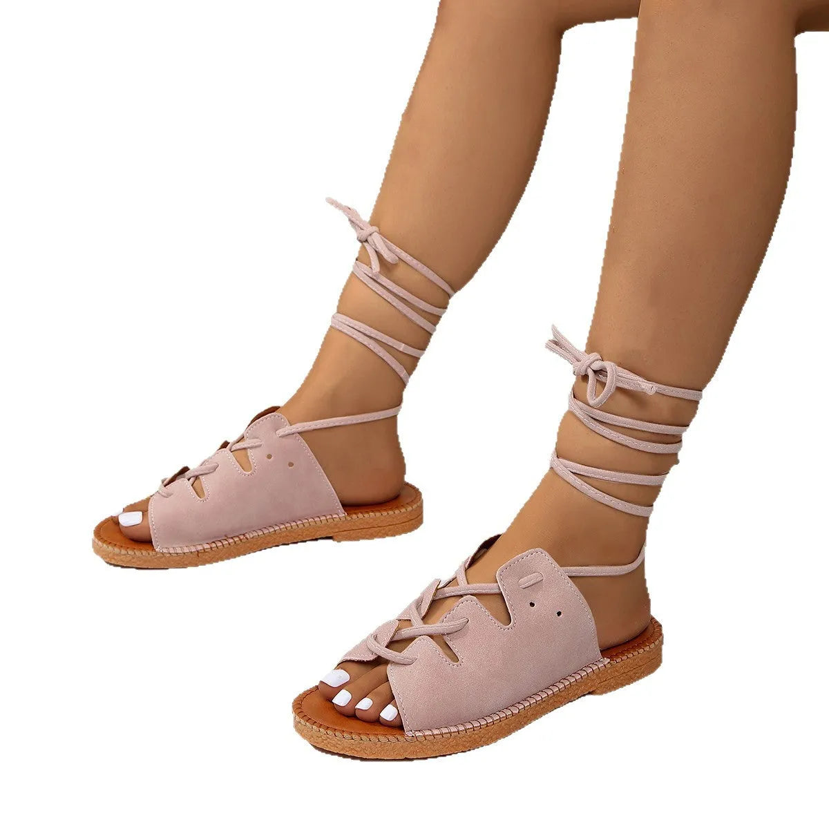 Plus size women's leopard print hemp rope lace-up sandals in light brown with leather upper and rubber sole