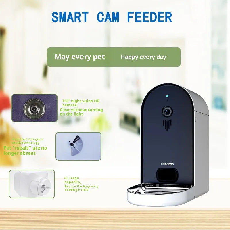 Smart pet feeder in plastic construction with automatic feeding and remote monitoring, available in multiple colours