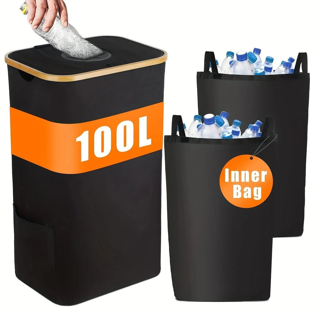 Black bamboo pattern laundry basket with removable lid and inner pockets