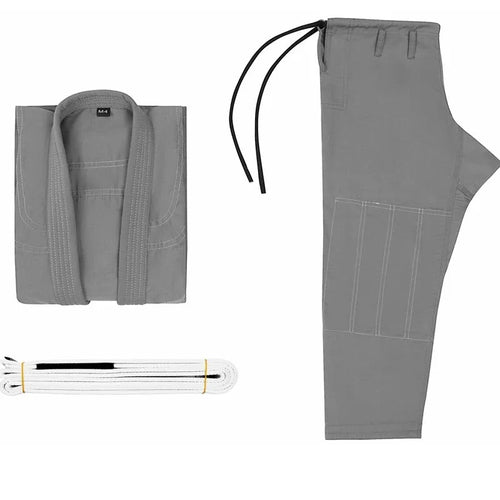 Brazilian Jiu-Jitsu gi uniform top and trousers in cotton blend fabric on a white background.