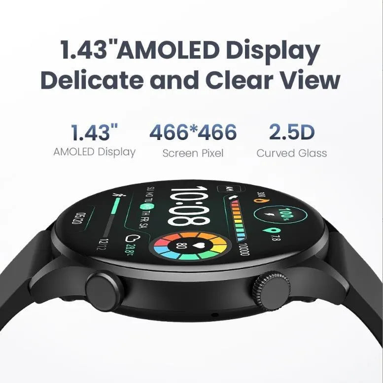 Haylou smartwatch with AMOLED display showing health stats, in black or white, featuring Bluetooth call.
