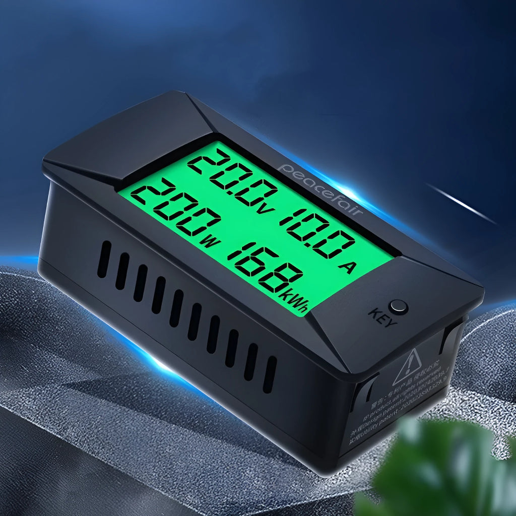 DC digital display voltmeter and ammeter with wiring and wrench for 0-300V measurement.