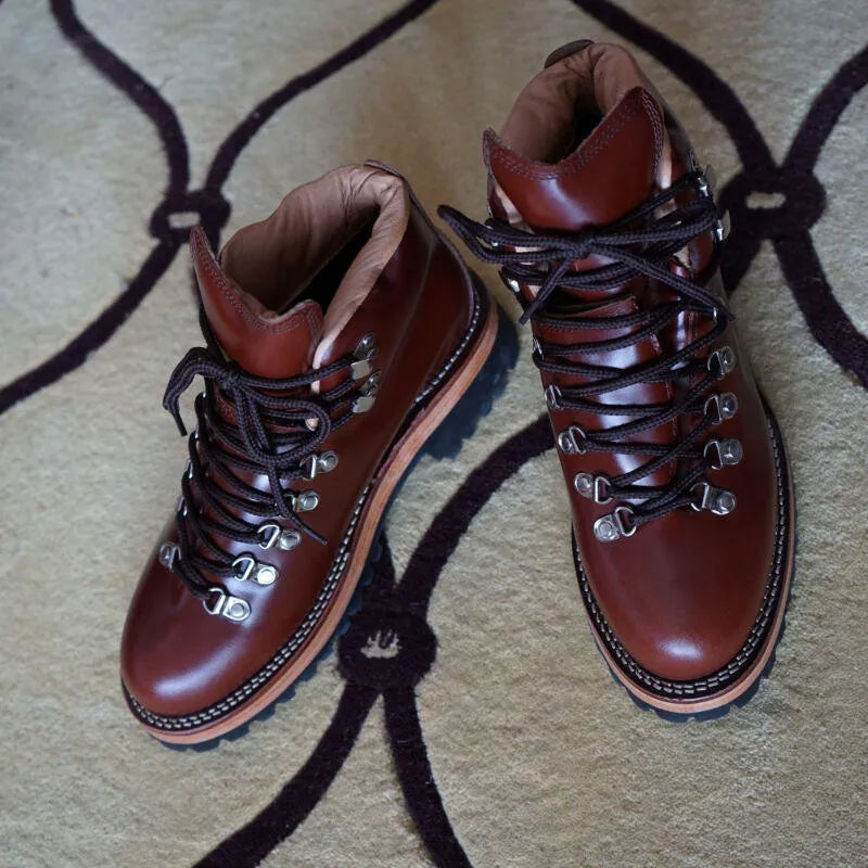 Men's brown leather lace-up city hiking boots with cowhide upper and worker boot style