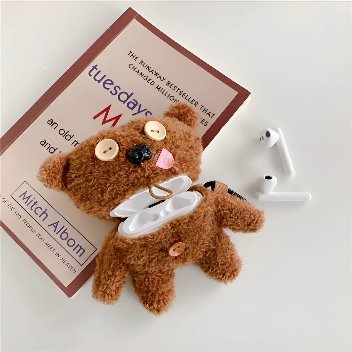 Brown plush button tongue bear earphone case for AirPods and FreeBuds, flip type design