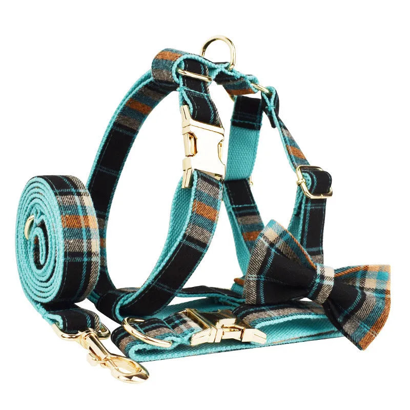 Green retro dog outfit set with collar, lead, bow tie and vest on white background