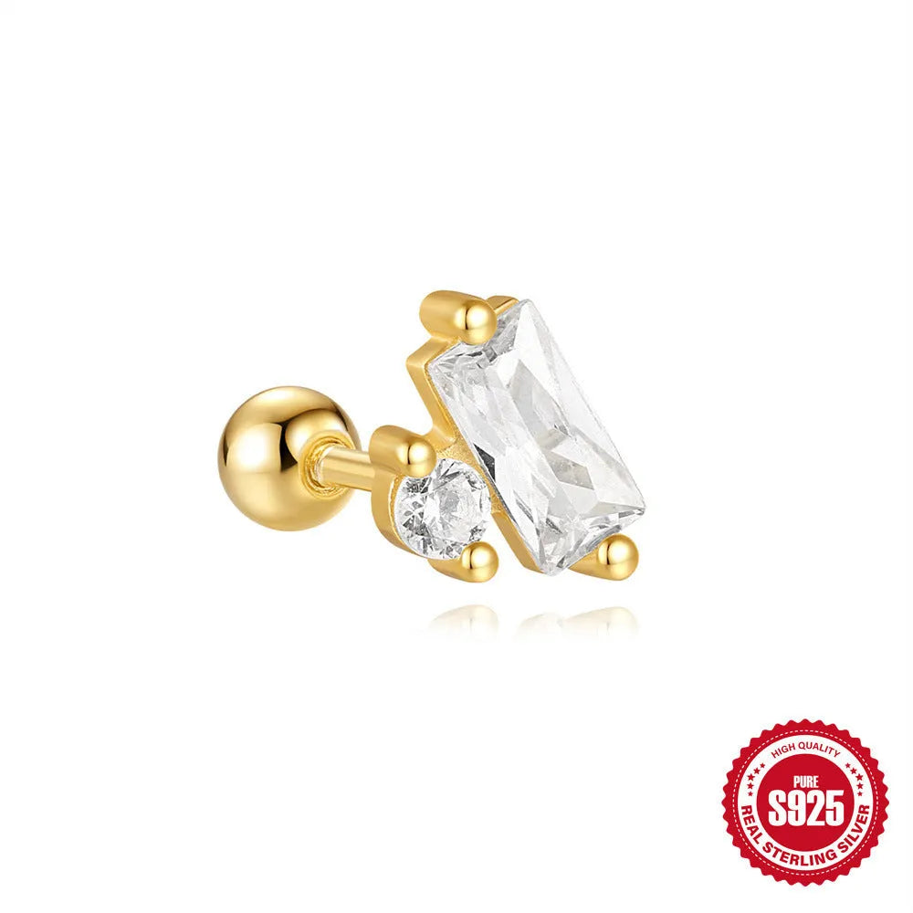 S925 sterling silver flower stud earrings with square gravel setting in golden electroplated finish