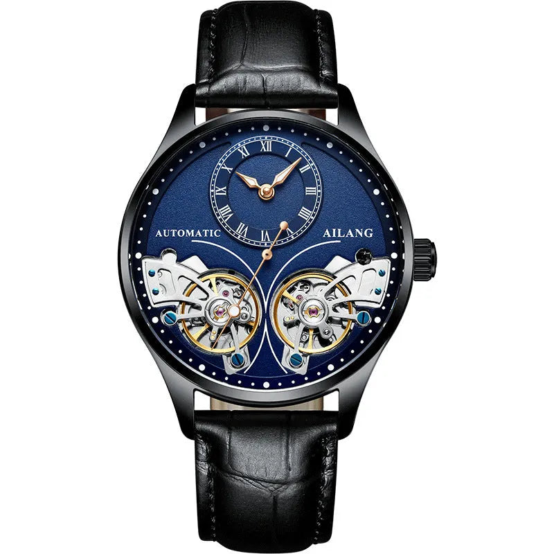 Automatic men's wristwatch with titanium case, round black dial showing tourbillon and moon phase.