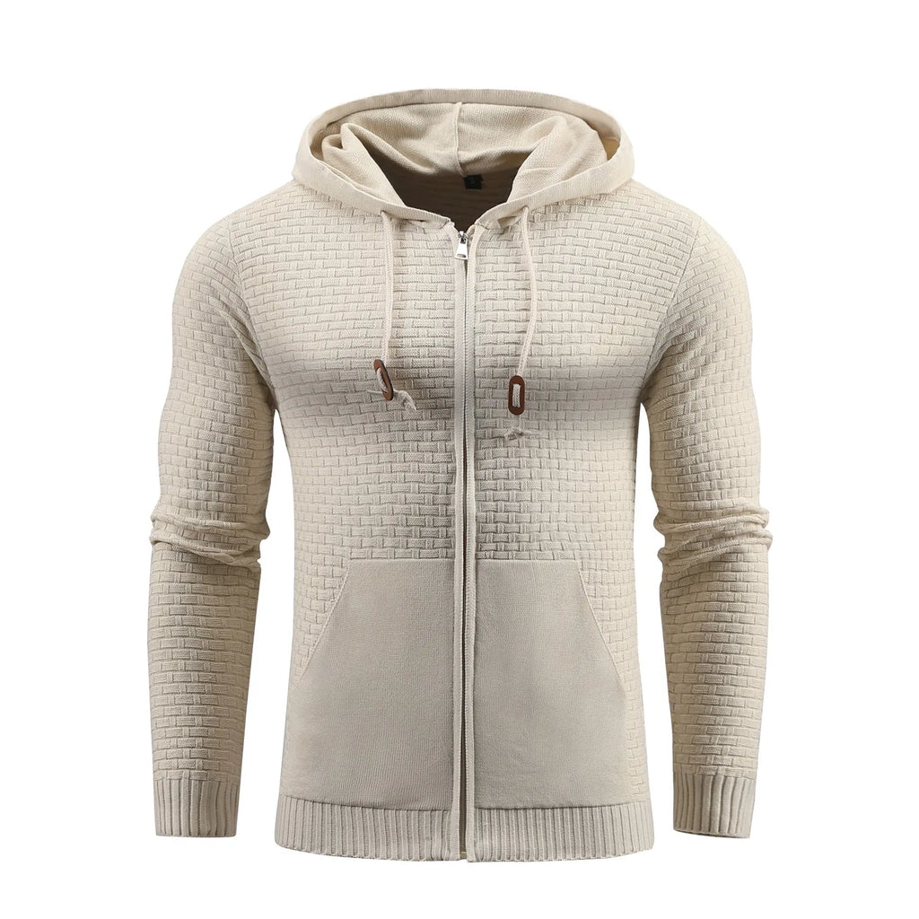 Men's black zipper hoodie with 3D grid pattern, hood, and front pockets