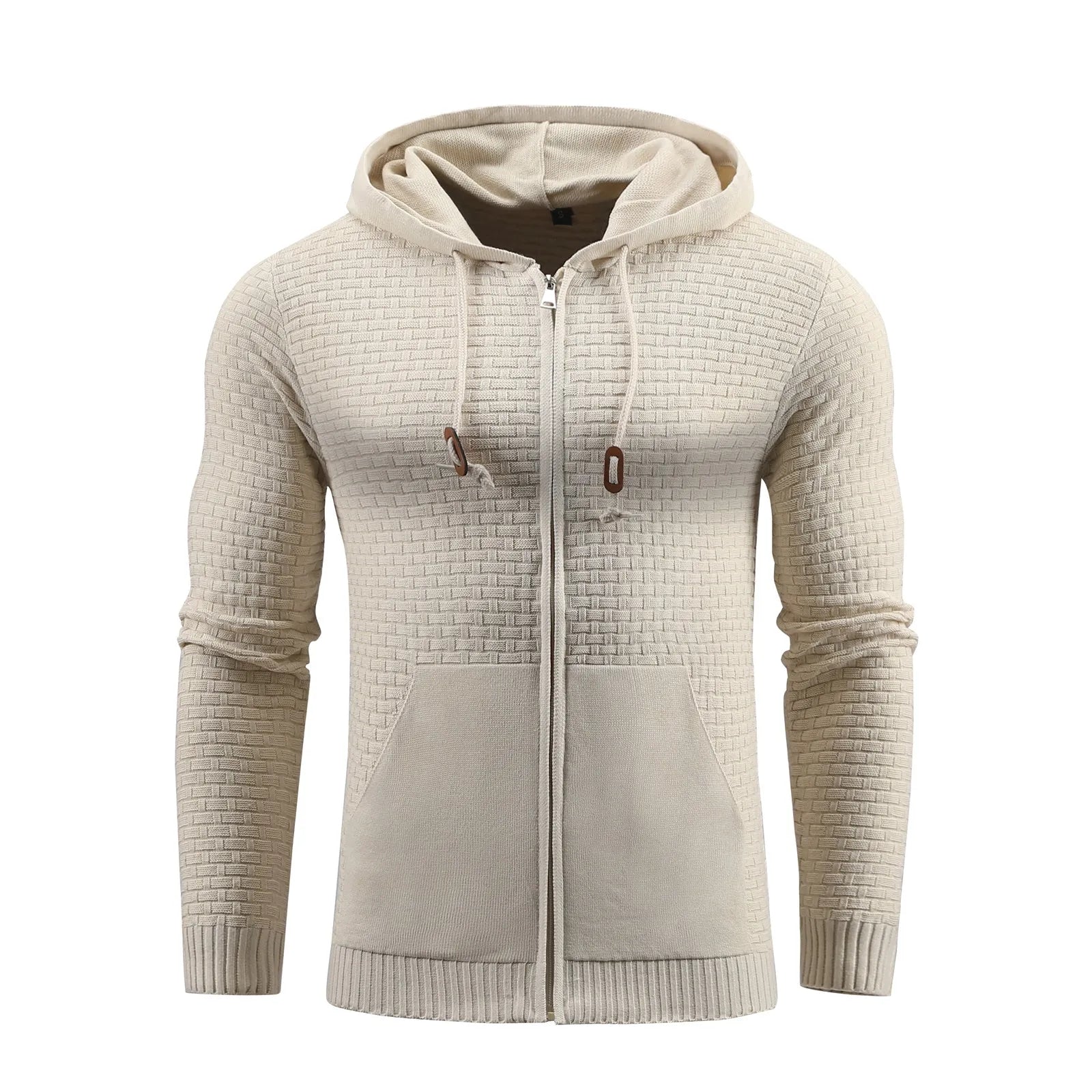 Men's black zipper hoodie with 3D grid pattern, hood, and front pockets