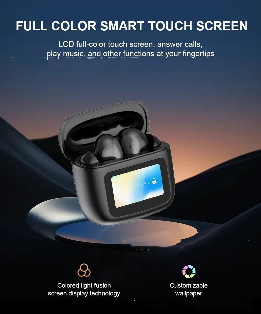 T68 PRO wireless in-ear Bluetooth headset with touch colour screen in black, silver, and champagne colours.