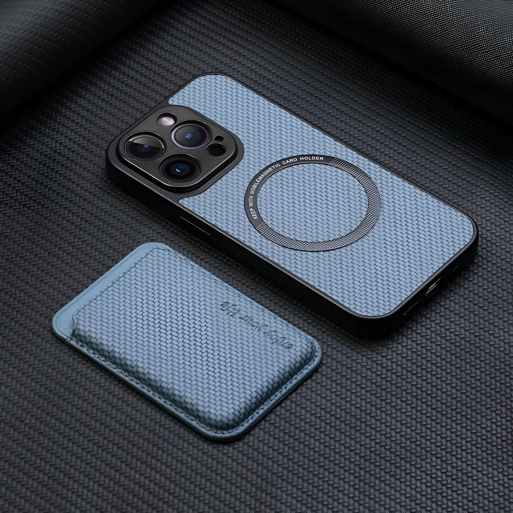 Imitation leather phone case sticker with magnetic card holder in black, compatible with iPhone and Samsung