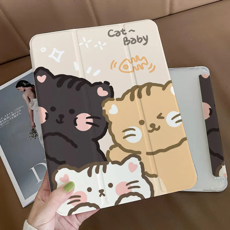 Rabbit cartoon design tri-fold silicone protective case for an iPad tablet, shown in stand mode.