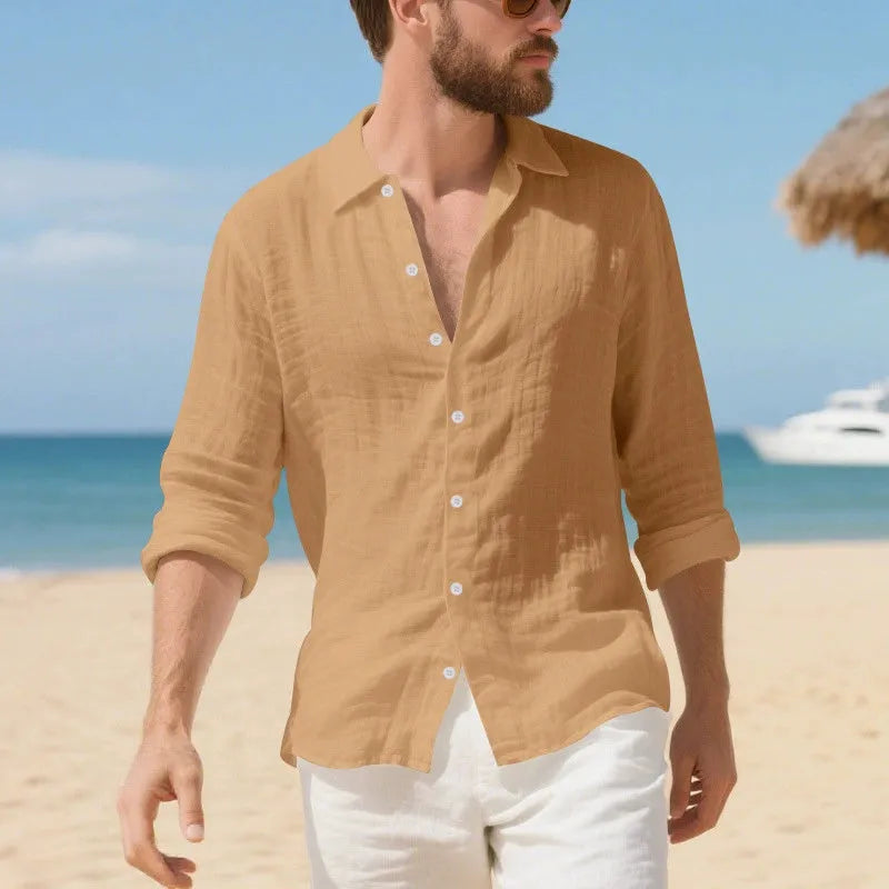 Men's loose fit linen casual shirt in light blue colour, showing non-ironing style.
