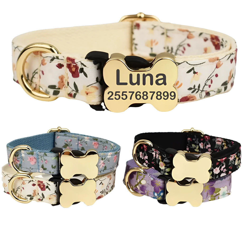 Nylon dog collar with printed grid pattern and bone-shaped metal buckle