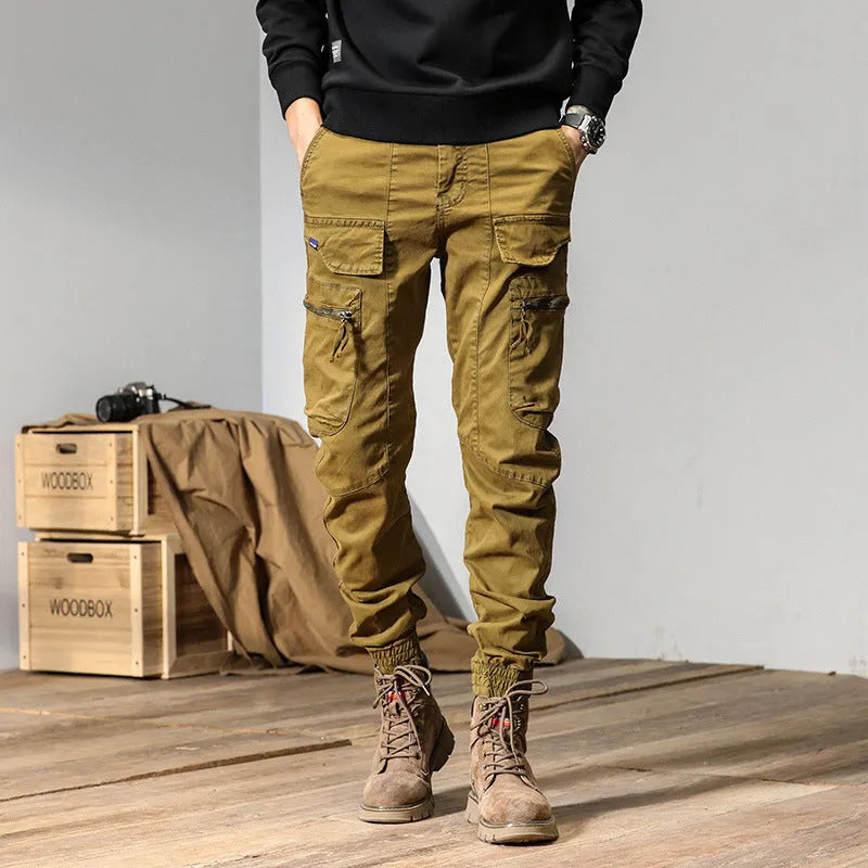 Cotton Japanese style overalls straight leg trousers for men in four colours black khaki army green gray sizes 29-38