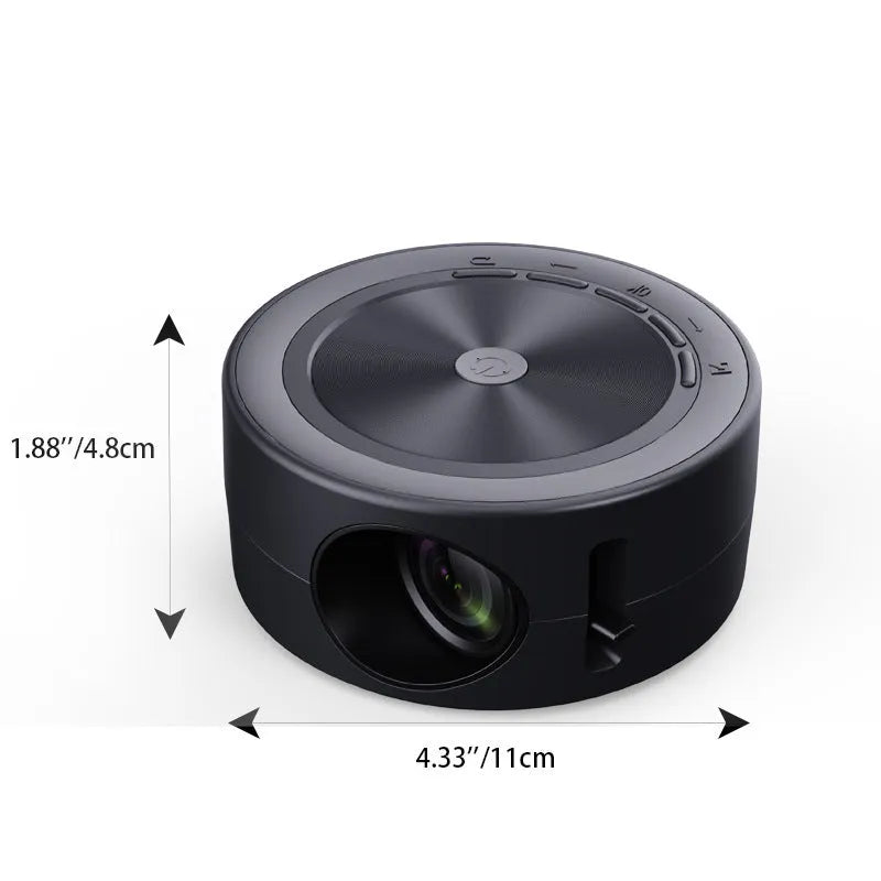 YT200 portable LED projector in four colour options showing 110mm diameter compact design