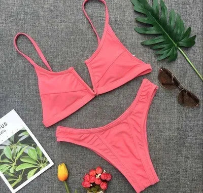 Multi-Color optional bikini swimsuit with strip steel belt and chest pad, available in 15 colours, solid colour open back design