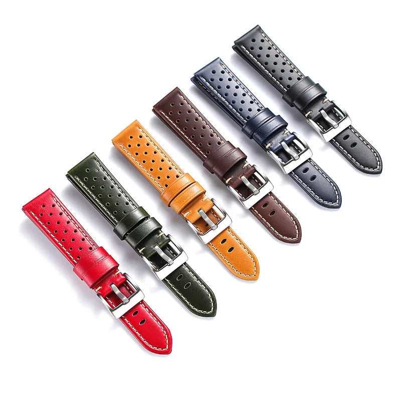 New business hollow-out first layer cowhide watch strap in six colour options on white background