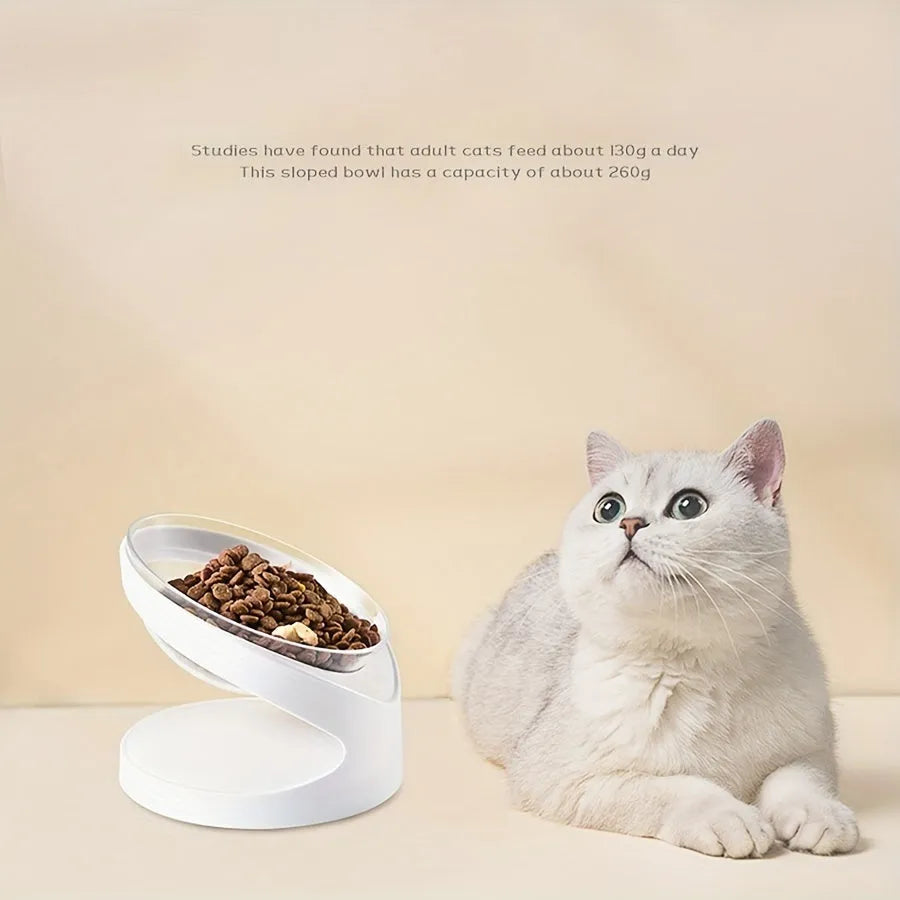 White elevated cat food bowl with clear plastic construction and anti-vomit tilt design