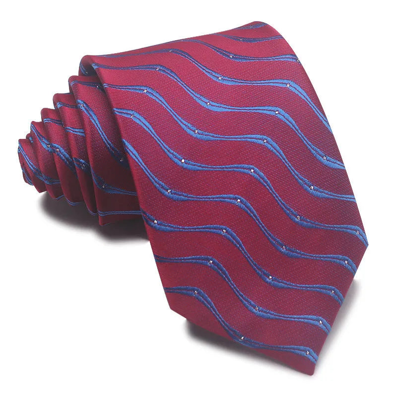 8cm wide polyester jacquard striped men's business tie shown in multiple colour variations