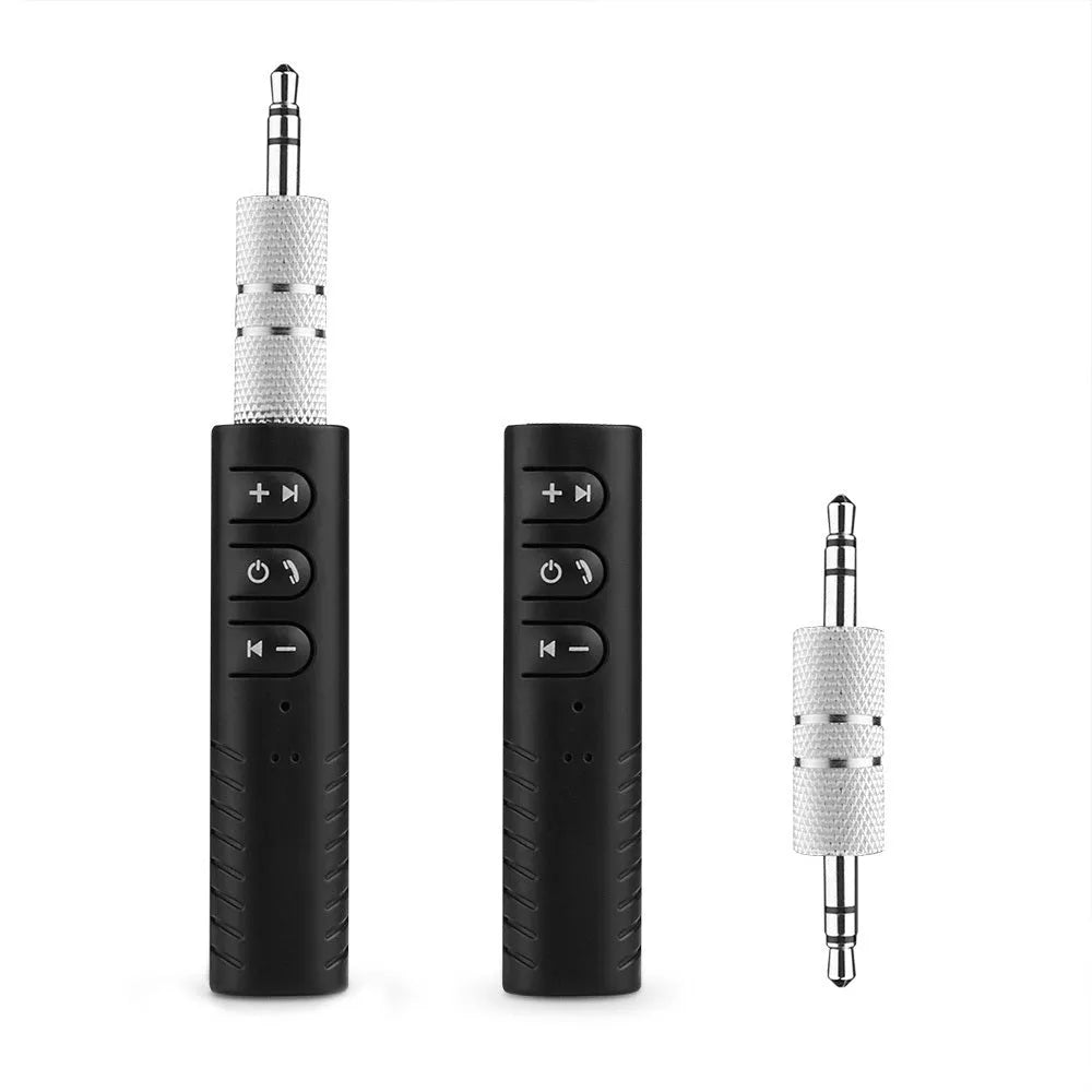 Black Bluetooth audio receiver car kit with 3.5mm jack for wireless music and hands-free calls