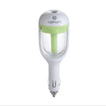 Compact blue portable car humidifier and essential oil diffuser with rotating nozzle on a car dashboard.
