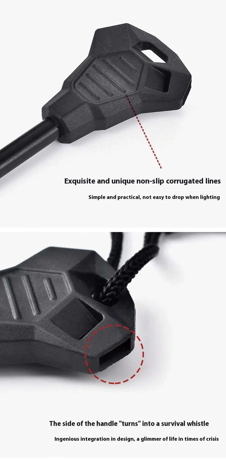 Black outdoor survival flint tool with magnesium rod, stainless steel scraper, whistle, and measurement scale.