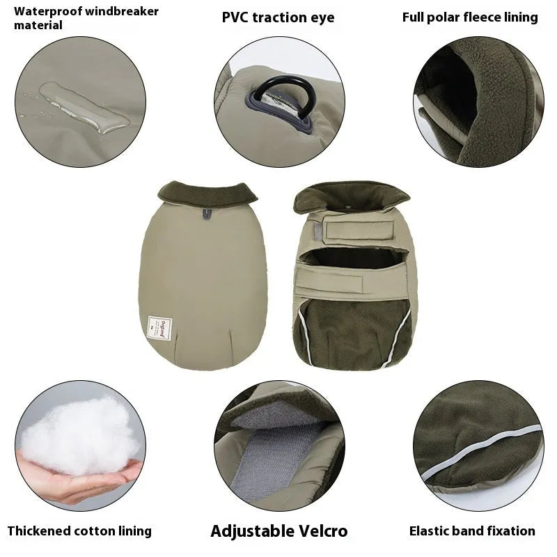 Dog wearing a solid-colour lapel turtleneck cotton-padded vest in a choice of sand white, light purple, or khaki green.