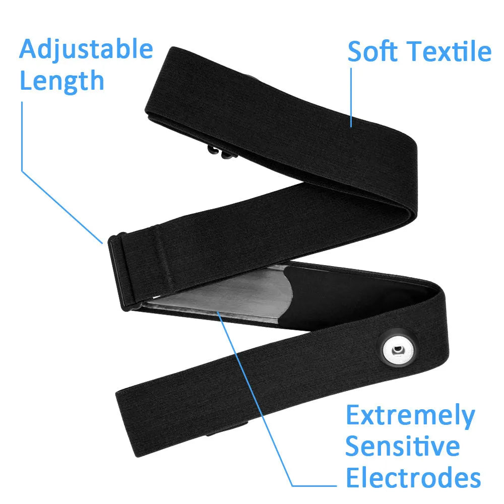 Black heart rate monitor chest strap with Bluetooth 4.0 and ANT+ for fitness use, adjustable elastic band and compact transmitter