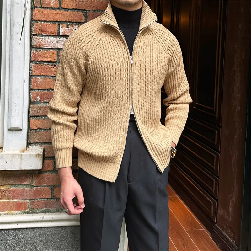 Men's Stand-up Collar Cardigan Retro Slim Fit Cotton Blend Jacket with Rotator Cuff Sleeves in Black Brown Grey Khaki Sizes M to 3XL for Casual Layering and Everyday Wear