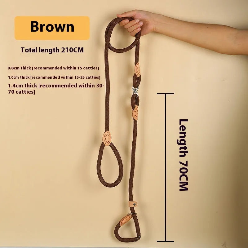 Brown nylon dog leash with a padded hand-holding rope and P chain clip, shown at full 2.1-metre length.
