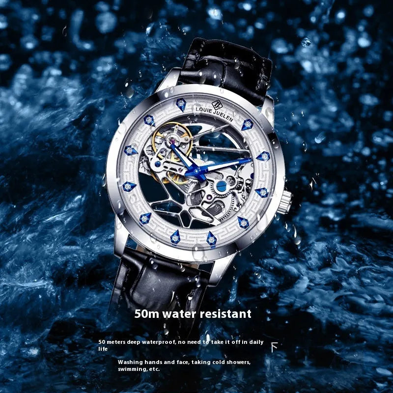 Men's silver case mechanical watch with white dial, blue hands, and a black leather strap.