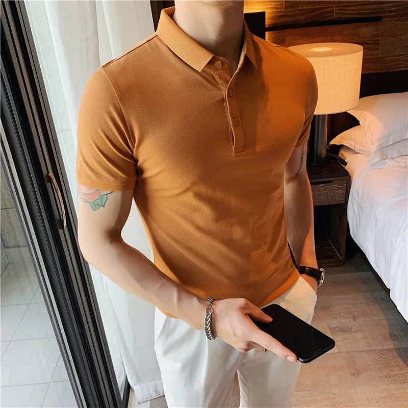 Korean-style tight fit cotton blend polo shirt in apricot colour with short sleeves and lapels