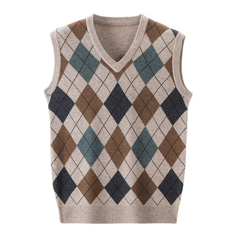 Men's V-neck sleeveless knit vest in medium gray with wool blend, regular fit pullover style for autumn winter daily wear